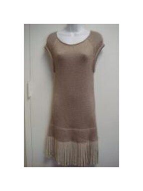 Iisli Women's Pleated Short-Sleeve Sweater Dress - Beige Metallic, M, New